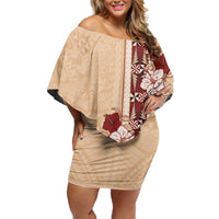 Tonga Language Week Off Shoulder Short Dress Hibiscus Tongan Ngatu Pattern LT05 Women Beige - Polynesian Pride