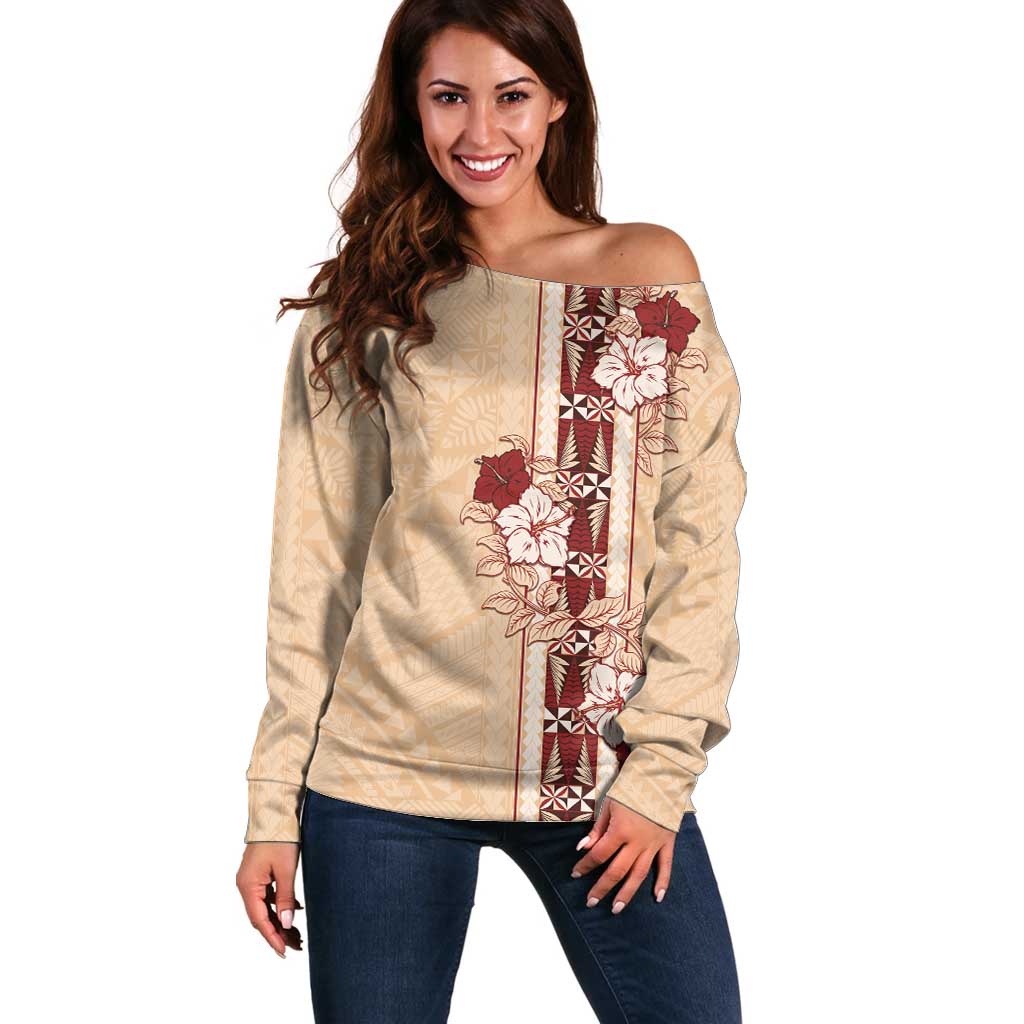 Tonga Language Week Off Shoulder Sweater Hibiscus Tongan Ngatu Pattern LT05 Women Beige - Polynesian Pride