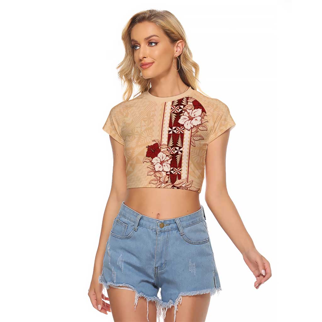 Tonga Language Week Raglan Cropped T Shirt Hibiscus Tongan Ngatu Pattern LT05 Female Beige - Polynesian Pride