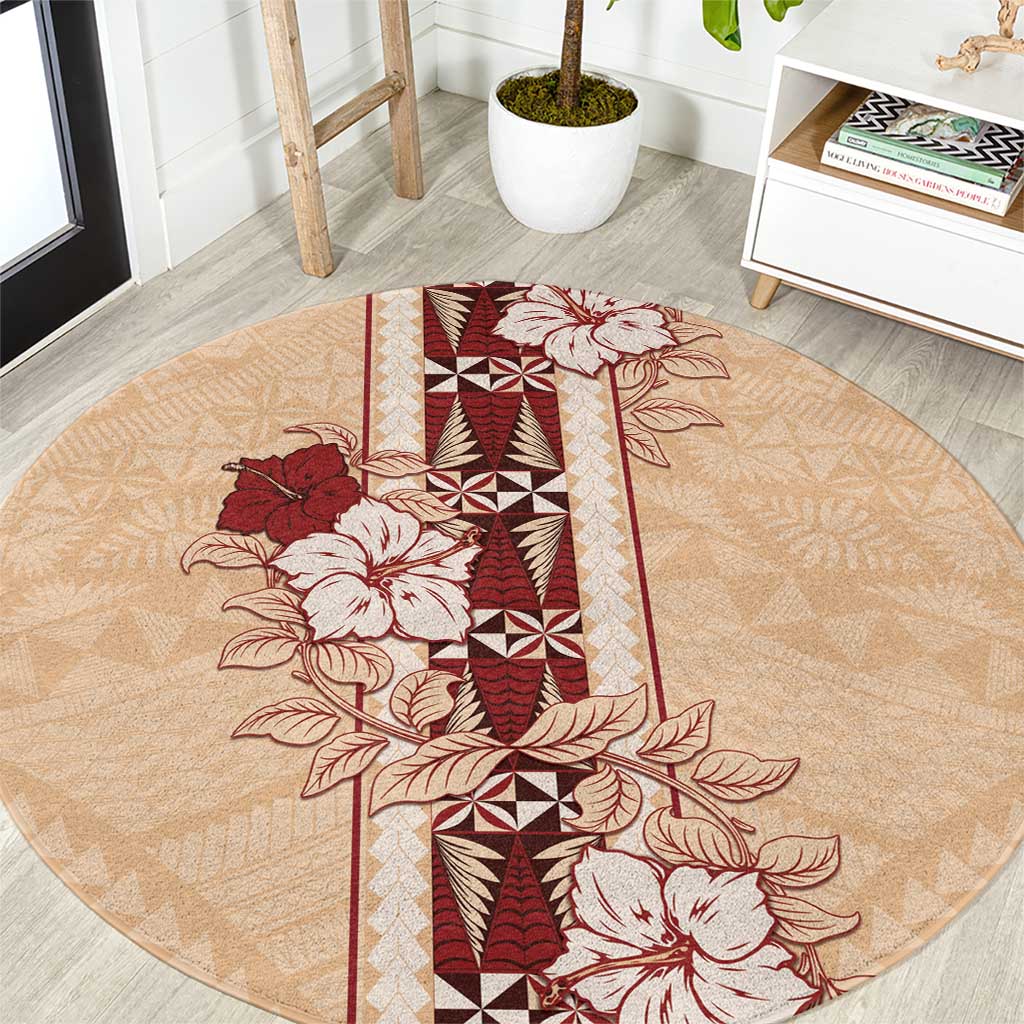 Tonga Language Week Round Carpet Hibiscus Tongan Ngatu Pattern LT05 Beige - Polynesian Pride