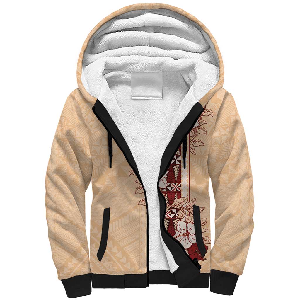 Tonga Language Week Sherpa Hoodie Hibiscus Tongan Ngatu Pattern LT05 Unisex Beige - Polynesian Pride