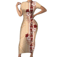 Tonga Language Week Short Sleeve Bodycon Dress Hibiscus Tongan Ngatu Pattern LT05 Long Dress Beige - Polynesian Pride