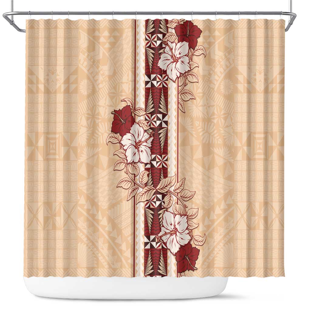 Tonga Language Week Shower Curtain Hibiscus Tongan Ngatu Pattern LT05 Beige - Polynesian Pride