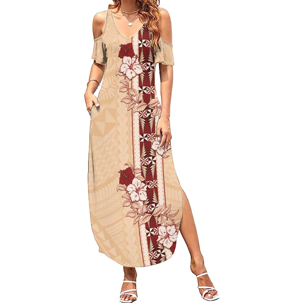 Tonga Language Week Summer Maxi Dress Hibiscus Tongan Ngatu Pattern LT05 Women Beige - Polynesian Pride