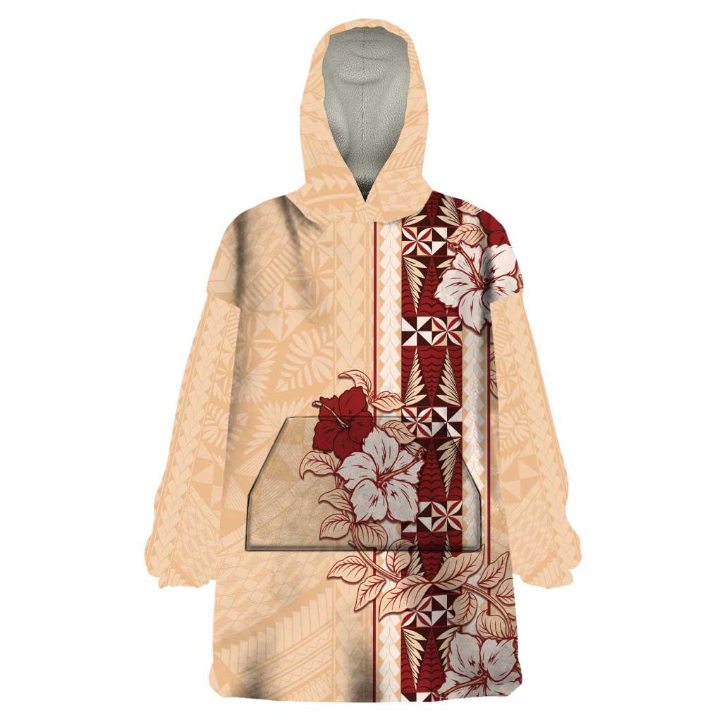 Tonga Language Week Wearable Blanket Hoodie Hibiscus Tongan Ngatu Pattern LT05 One Size Beige - Polynesian Pride