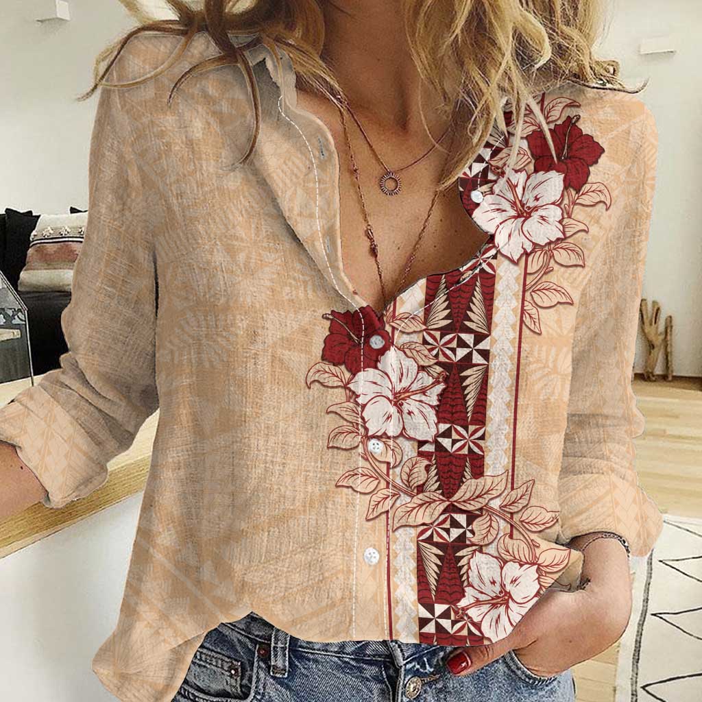 Tonga Language Week Women Casual Shirt Hibiscus Tongan Ngatu Pattern