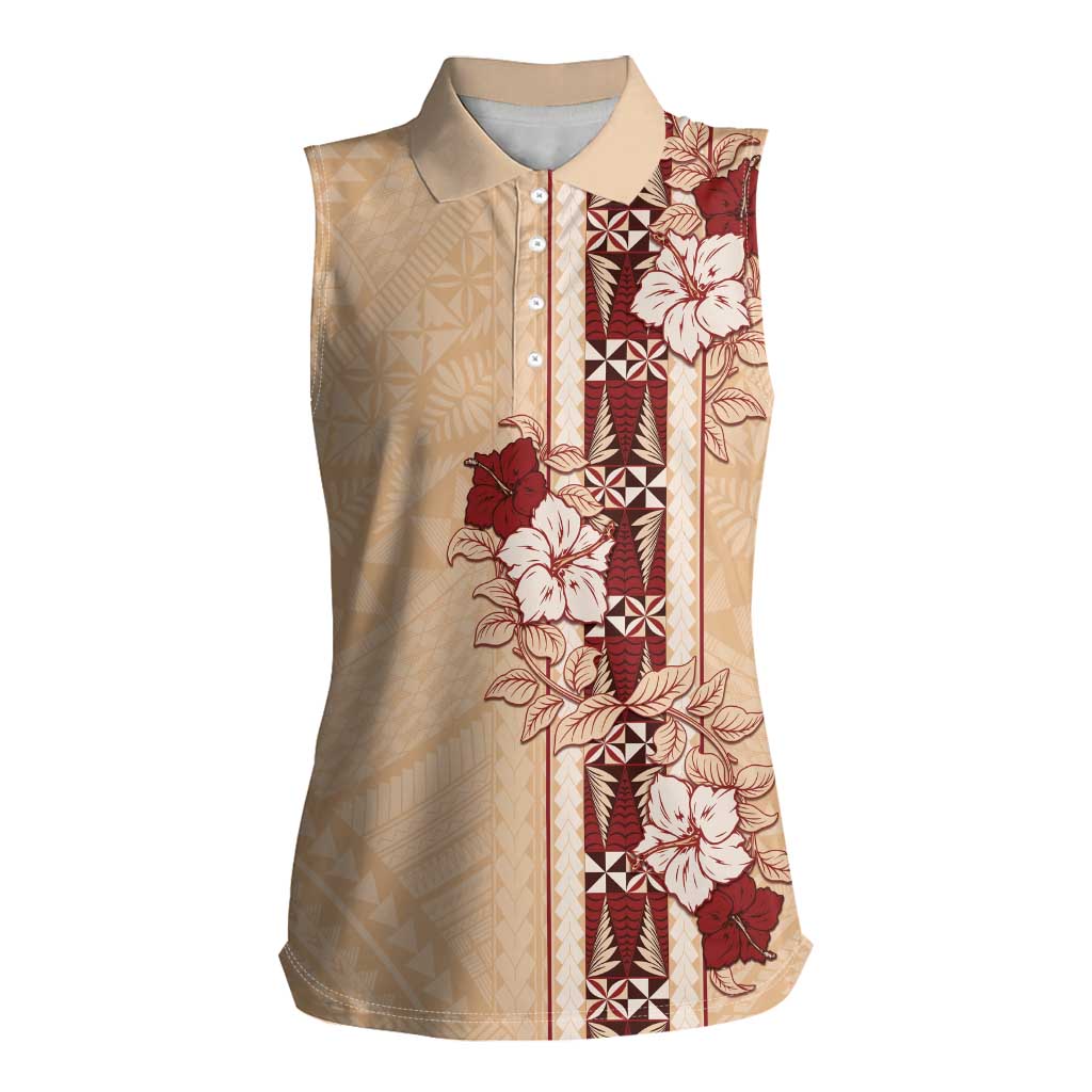 Tonga Language Week Women Sleeveless Polo Shirt Hibiscus Tongan Ngatu Pattern LT05 Female Beige - Polynesian Pride