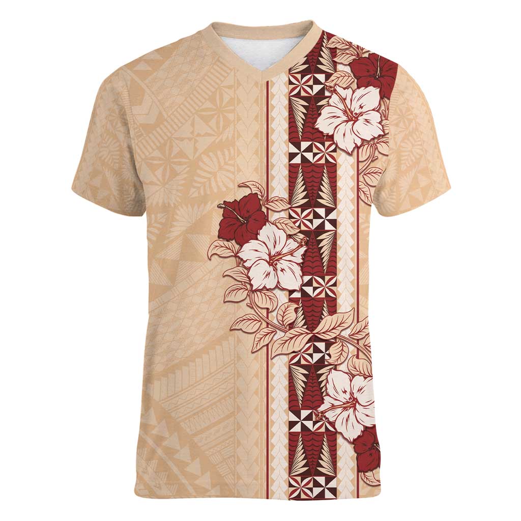 Tonga Language Week Women V-Neck T-Shirt Hibiscus Tongan Ngatu Pattern LT05 Female Beige - Polynesian Pride