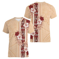 Tonga Language Week Women V-Neck T-Shirt Hibiscus Tongan Ngatu Pattern