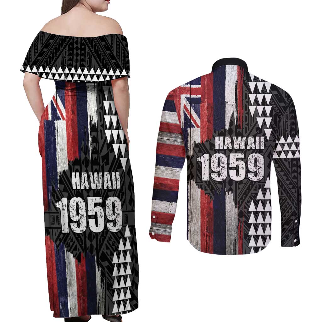 Hawaii 1959 Statehood Day Couples Matching Off Shoulder Maxi Dress and Long Sleeve Button Shirt Classic Style