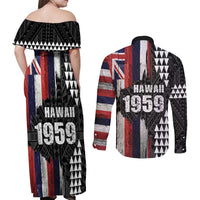 Hawaii 1959 Statehood Day Couples Matching Off Shoulder Maxi Dress and Long Sleeve Button Shirt Classic Style