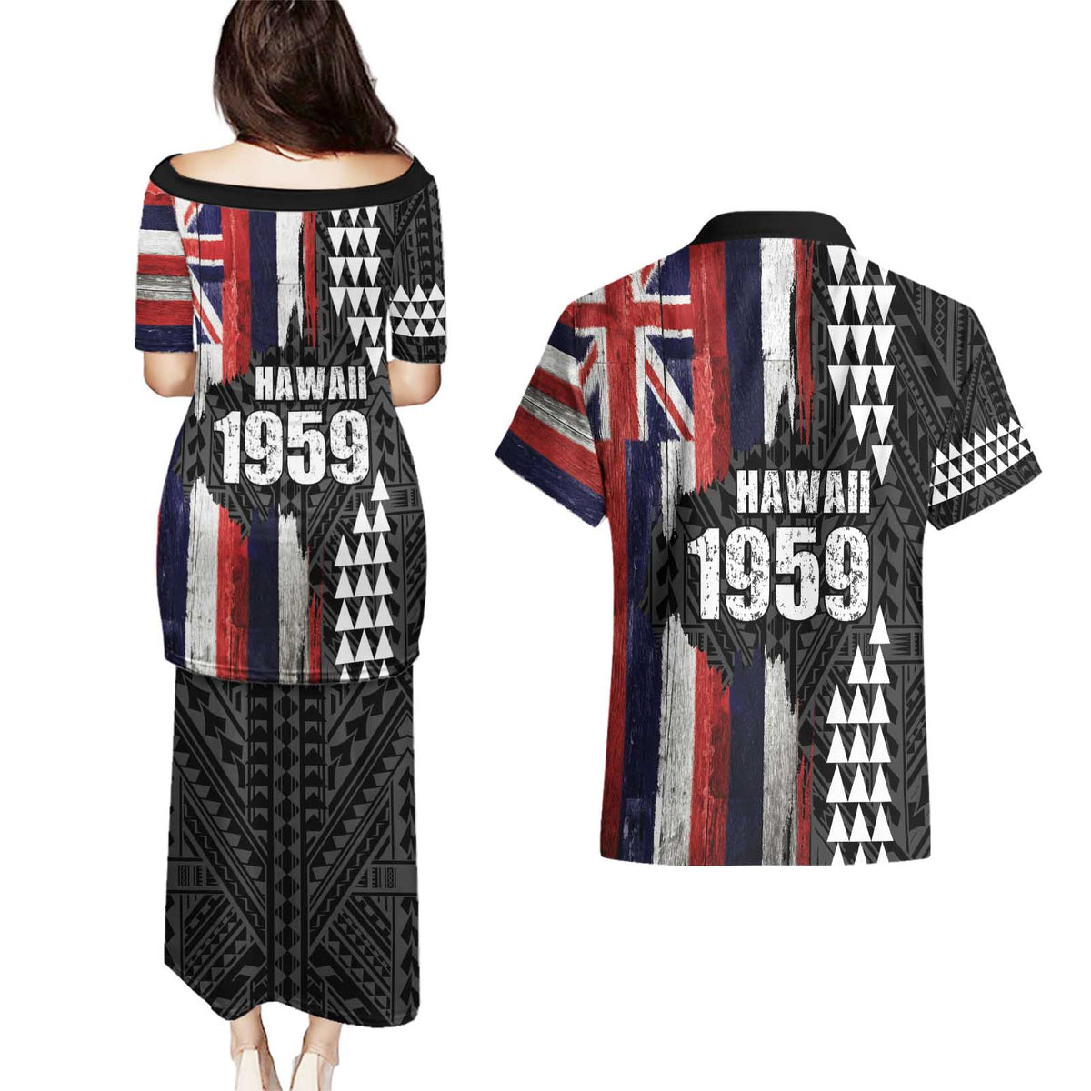 Hawaii 1959 Statehood Day Couples Matching Puletasi and Hawaiian Shirt Classic Style