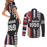 Hawaii 1959 Statehood Day Couples Matching Short Sleeve Bodycon Dress and Long Sleeve Button Shirt Classic Style