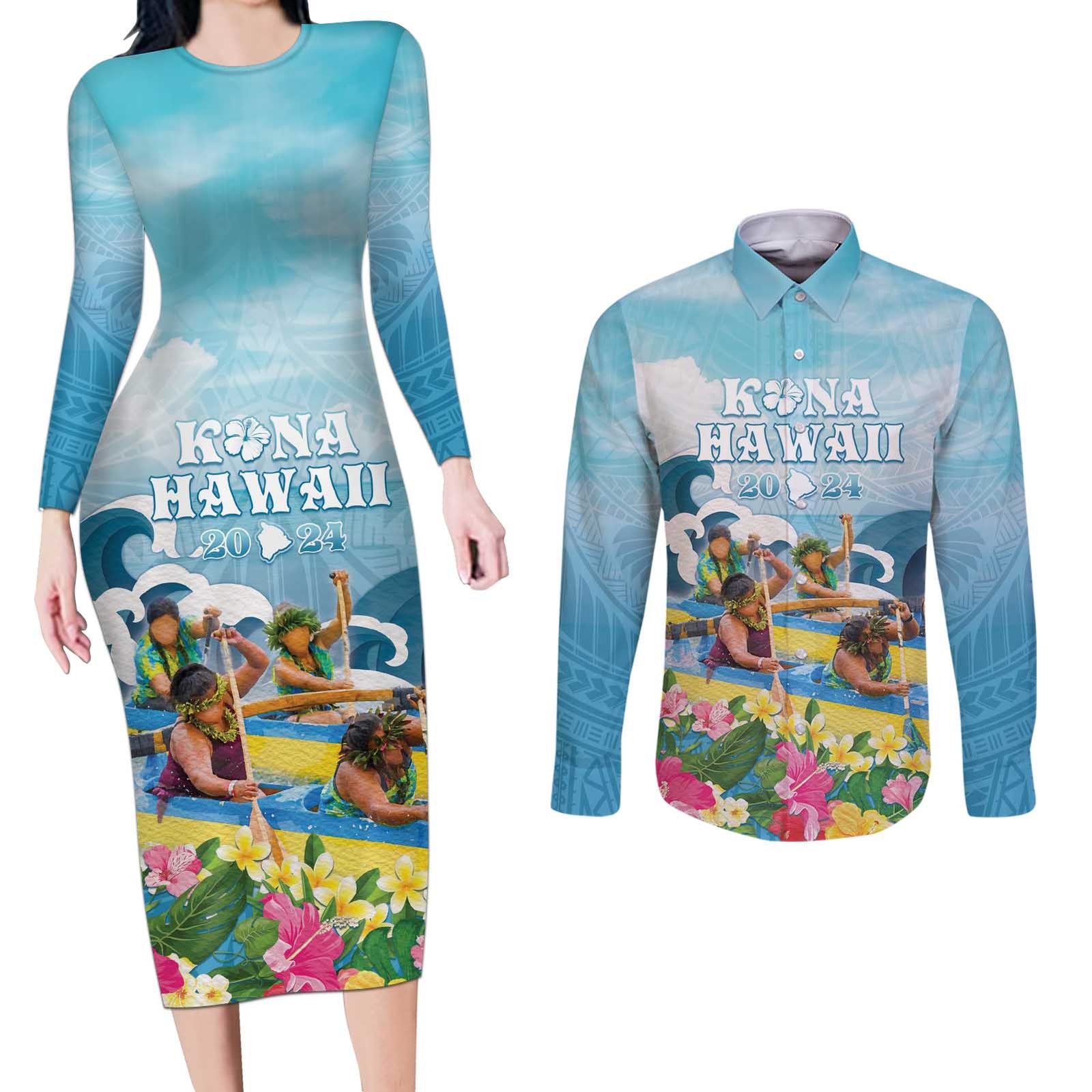 Hawaii Outrigger Canoe Race Couples Matching Long Sleeve Bodycon Dress and Long Sleeve Button Shirt Polynesian Style Watercolor Style LT05 Blue - Polynesian Pride