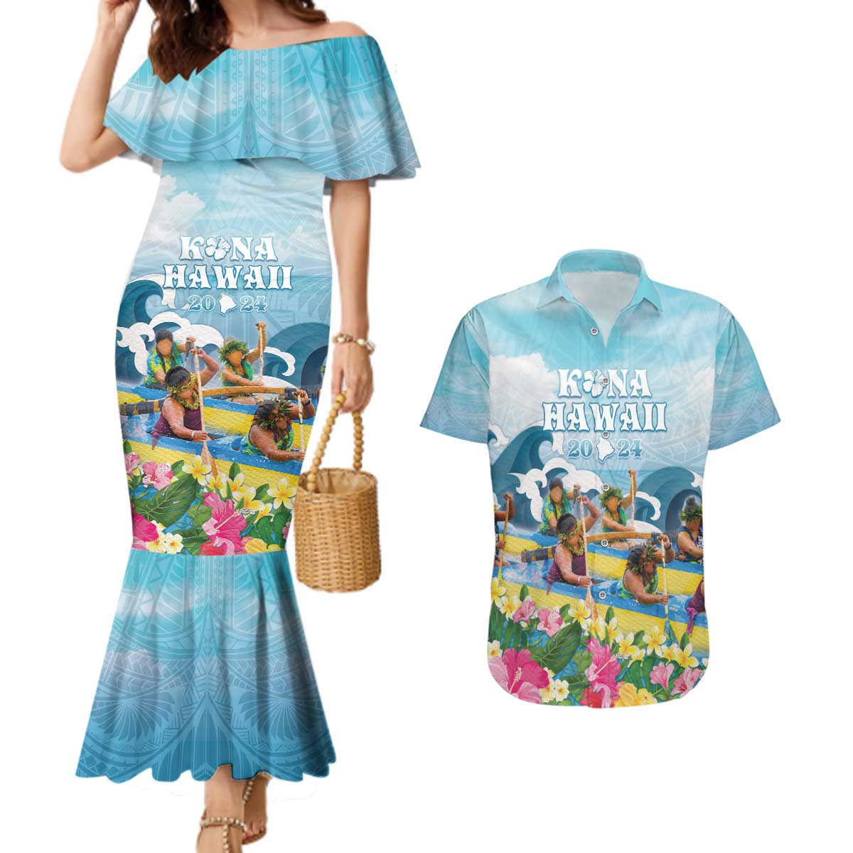 Hawaii Outrigger Canoe Race Couples Matching Mermaid Dress and Hawaiian Shirt Polynesian Style Watercolor Style LT05 Blue - Polynesian Pride