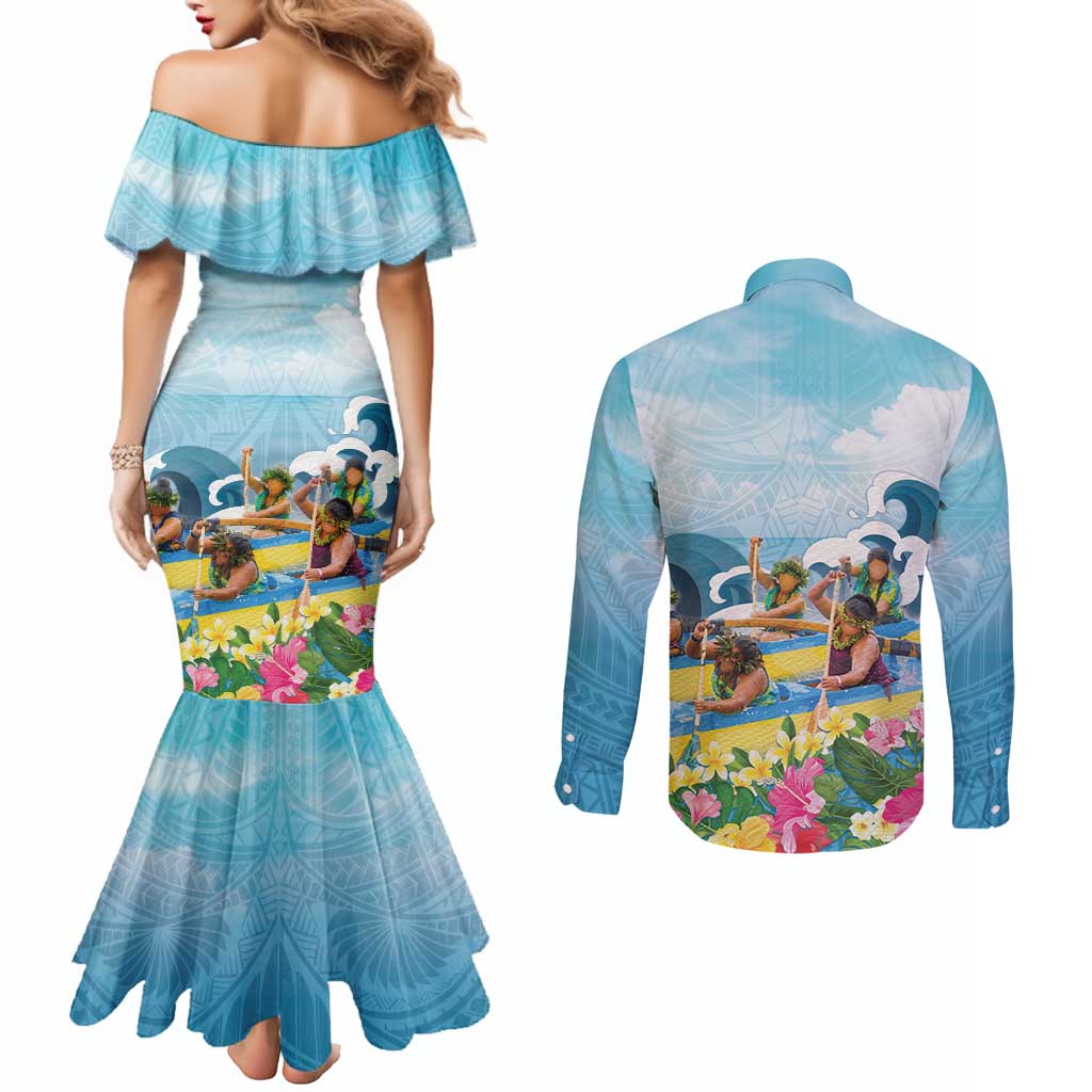 Hawaii Outrigger Canoe Race Couples Matching Mermaid Dress and Long Sleeve Button Shirt Polynesian Style Watercolor Style