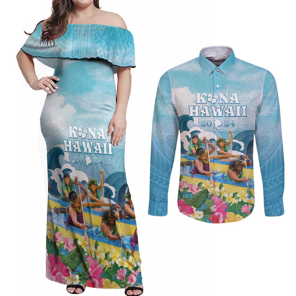 Hawaii Outrigger Canoe Race Couples Matching Off Shoulder Maxi Dress and Long Sleeve Button Shirt Polynesian Style Watercolor Style LT05 Blue - Polynesian Pride