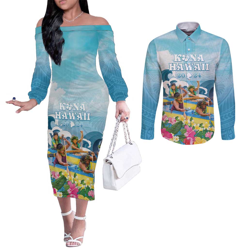 Hawaii Outrigger Canoe Race Couples Matching Off The Shoulder Long Sleeve Dress and Long Sleeve Button Shirt Polynesian Style Watercolor Style LT05 Blue - Polynesian Pride