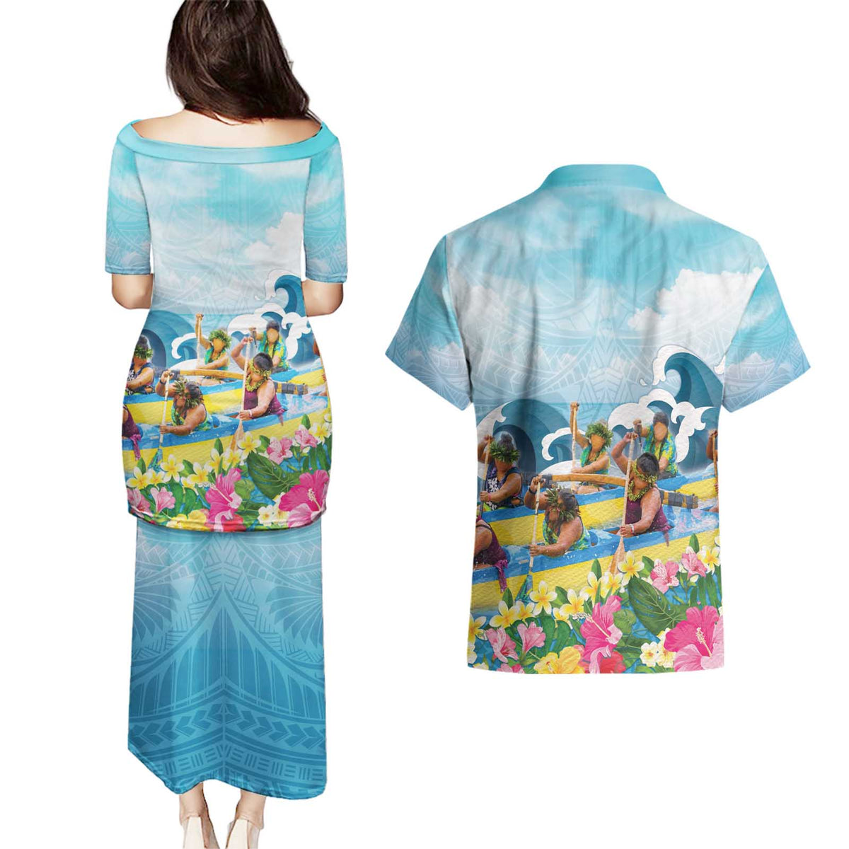 Hawaii Outrigger Canoe Race Couples Matching Puletasi and Hawaiian Shirt Polynesian Style Watercolor Style