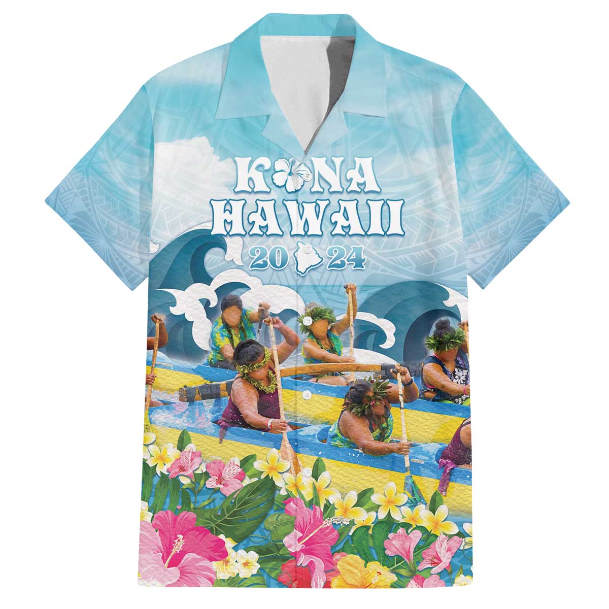 Hawaii Outrigger Canoe Race Family Matching Off Shoulder Short Dress and Hawaiian Shirt Polynesian Style Watercolor Style LT05 Dad's Shirt - Short Sleeve Blue - Polynesian Pride