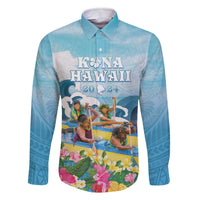 Hawaii Outrigger Canoe Race Family Matching Off Shoulder Short Dress and Hawaiian Shirt Polynesian Style Watercolor Style LT05 Dad's Shirt - Long Sleeve Blue - Polynesian Pride