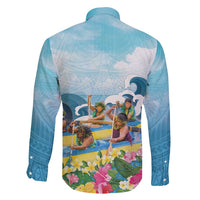 Hawaii Outrigger Canoe Race Family Matching Short Sleeve Bodycon Dress and Hawaiian Shirt Polynesian Style Watercolor Style