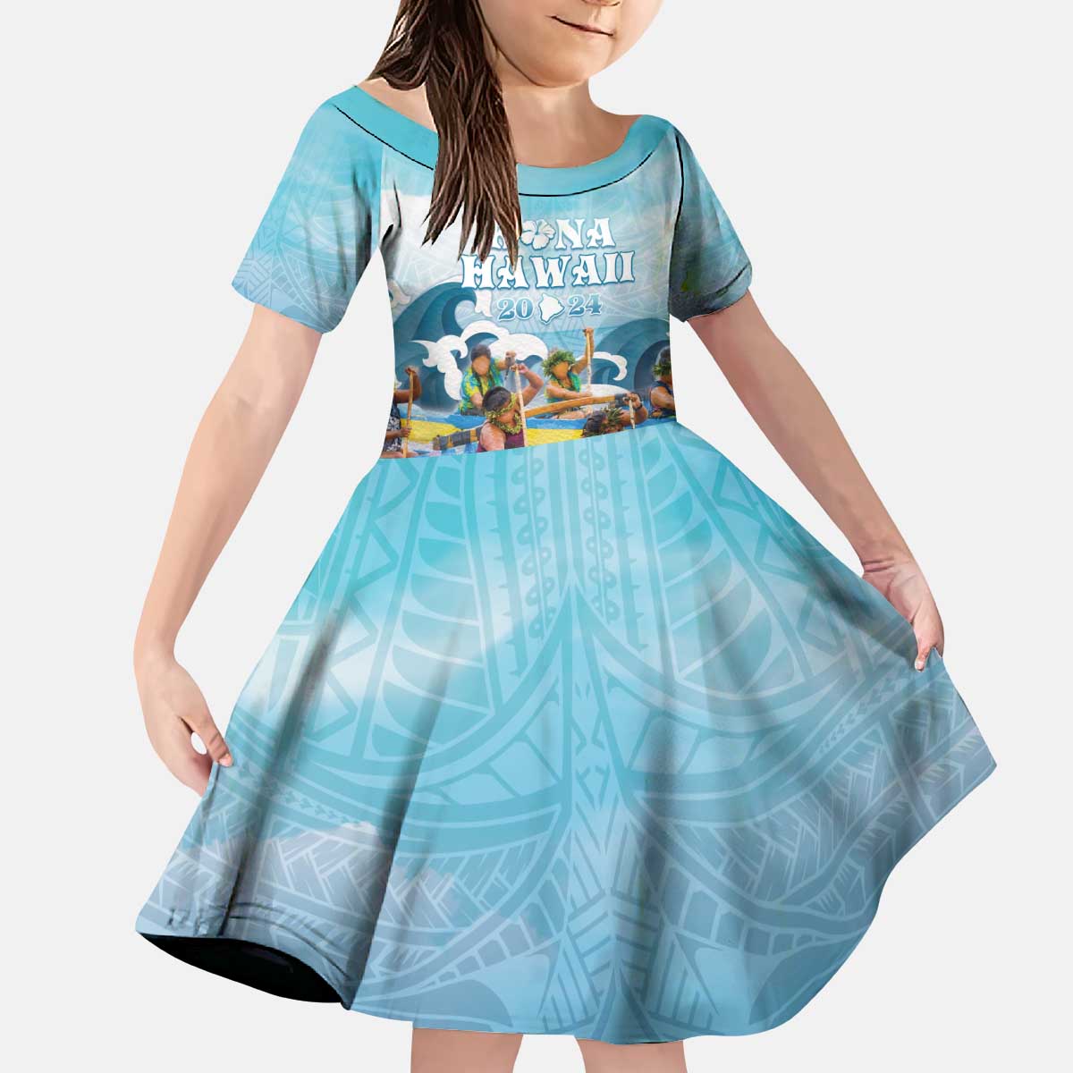 Hawaii Outrigger Canoe Race Kid Short Sleeve Dress Polynesian Style Watercolor Style