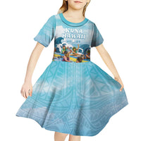 Hawaii Outrigger Canoe Race Kid Short Sleeve Dress Polynesian Style Watercolor Style