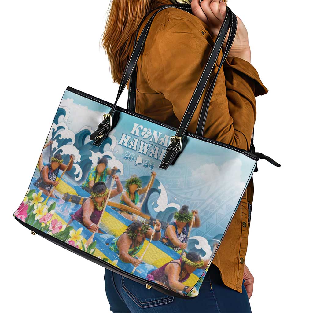 Hawaii Outrigger Canoe Race Leather Tote Bag Polynesian Style Watercolor Style