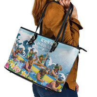 Hawaii Outrigger Canoe Race Leather Tote Bag Polynesian Style Watercolor Style