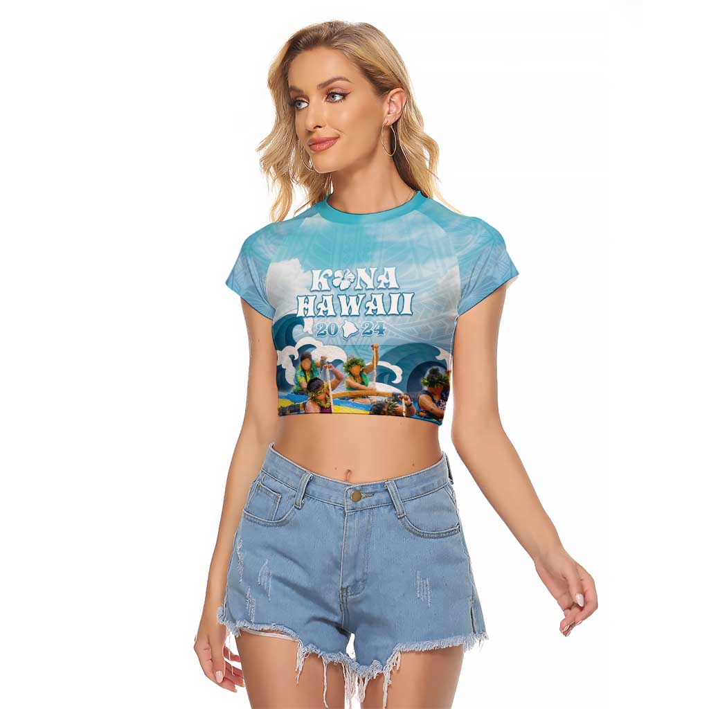 Hawaii Outrigger Canoe Race Raglan Cropped T Shirt Polynesian Style Watercolor Style LT05 Female Blue - Polynesian Pride
