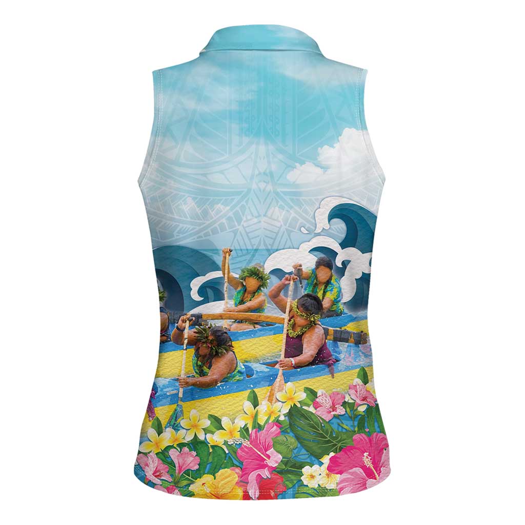 Hawaii Outrigger Canoe Race Women Sleeveless Polo Shirt Polynesian Style Watercolor Style