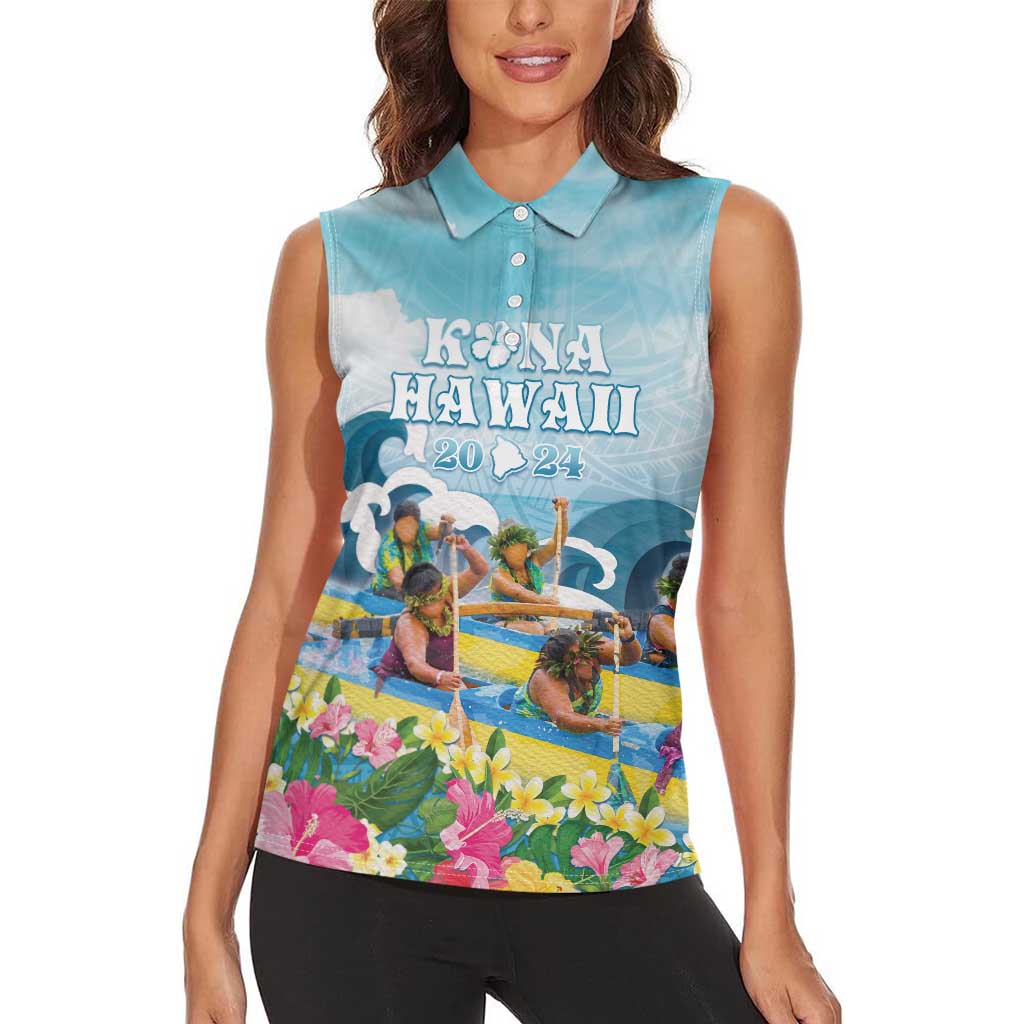 Hawaii Outrigger Canoe Race Women Sleeveless Polo Shirt Polynesian Style Watercolor Style