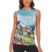 Hawaii Outrigger Canoe Race Women Sleeveless Polo Shirt Polynesian Style Watercolor Style