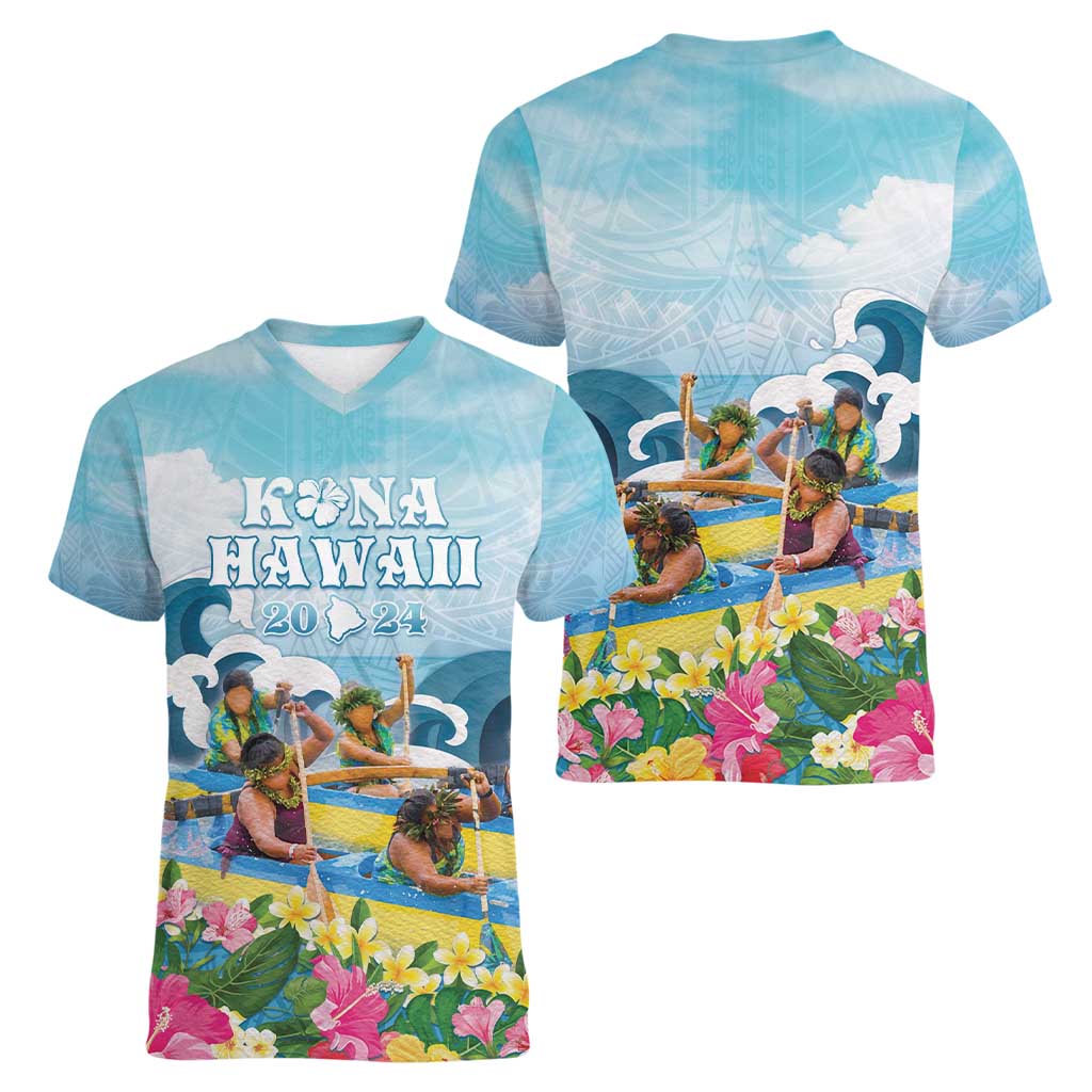 Hawaii Outrigger Canoe Race Women V-Neck T-Shirt Polynesian Style Watercolor Style