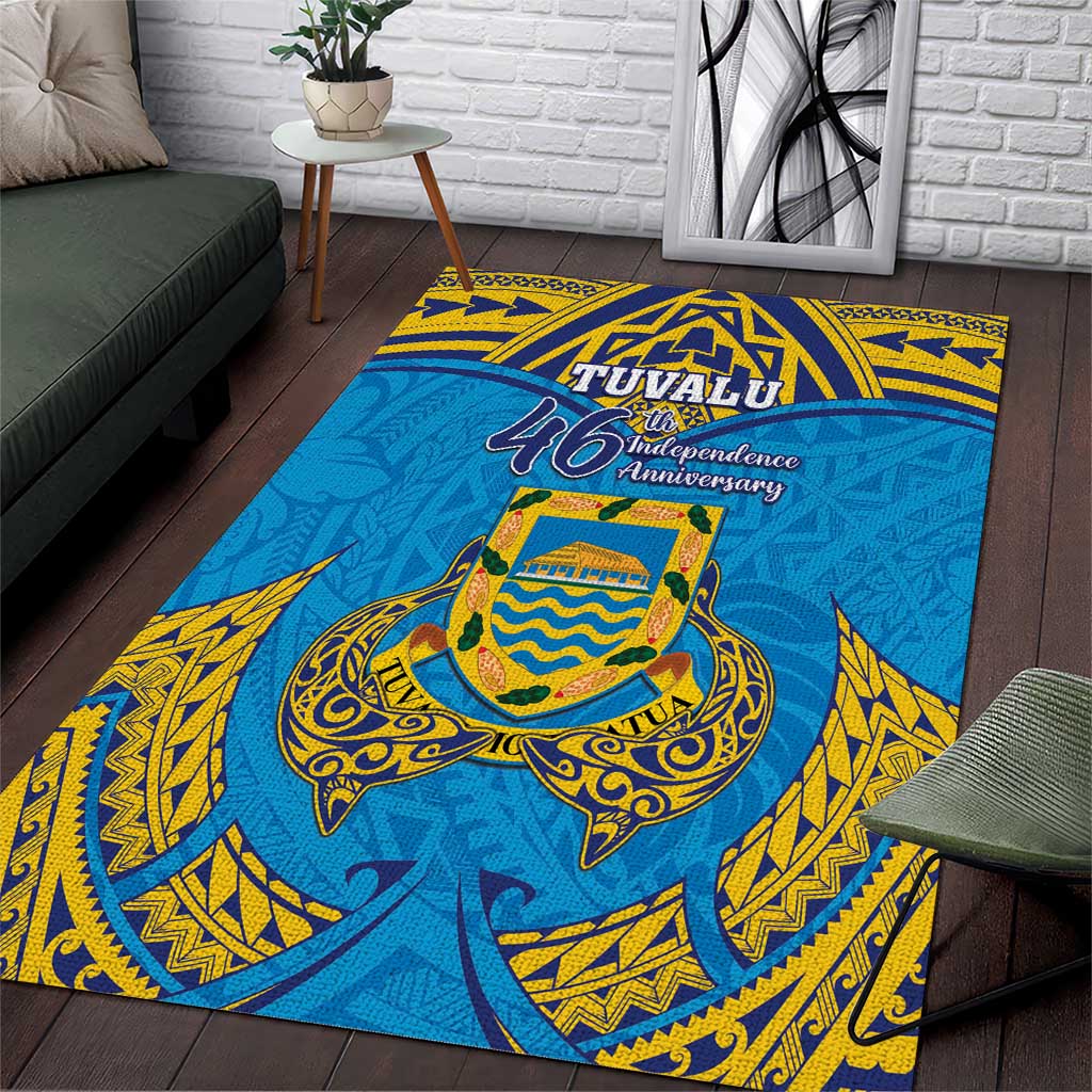 Tuvalu Independence Day Area Rug Coat Of Arms With Polynesian Dolphin Tattoo LT05 Blue - Polynesian Pride