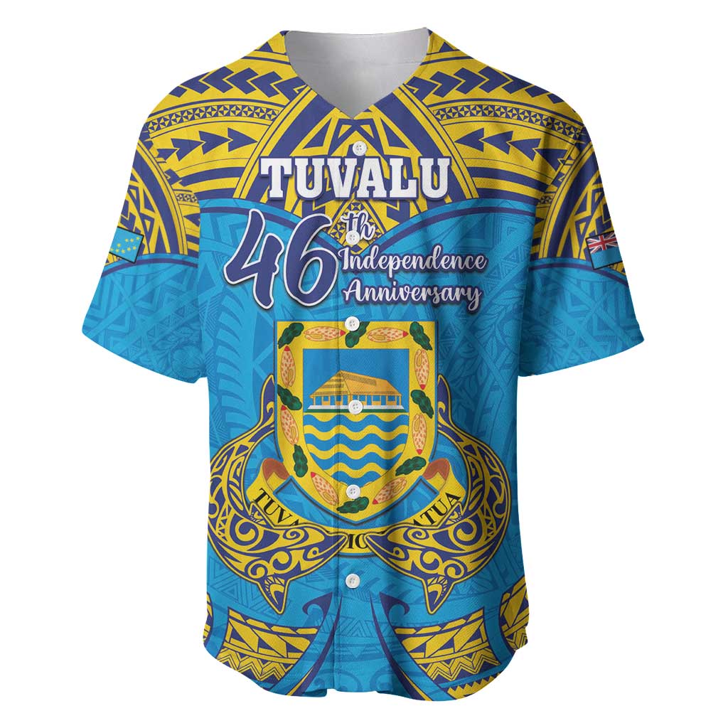 Personalised Tuvalu Independence Day Baseball Jersey Coat Of Arms With Polynesian Dolphin Tattoo LT05 Blue - Polynesian Pride