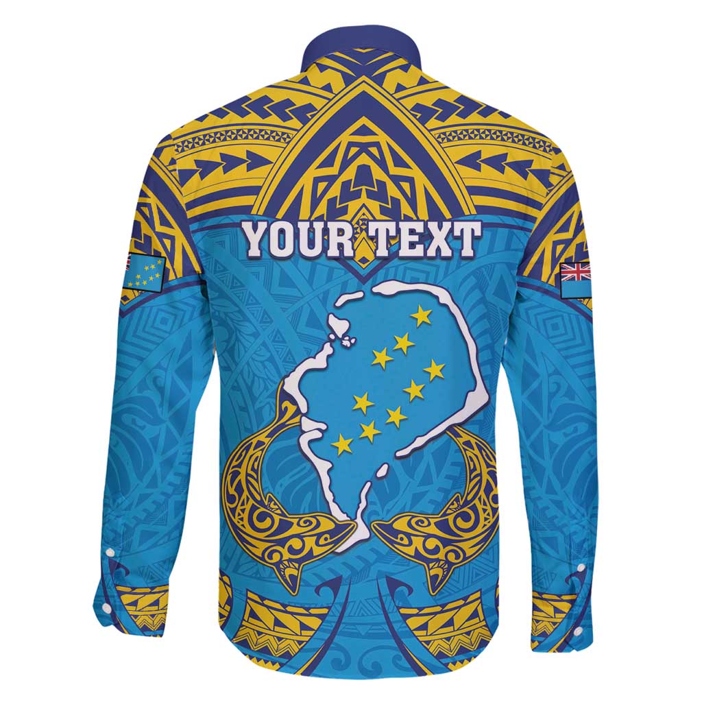 Personalised Tuvalu Independence Day Family Matching Long Sleeve Bodycon Dress and Hawaiian Shirt Coat Of Arms With Polynesian Dolphin Tattoo