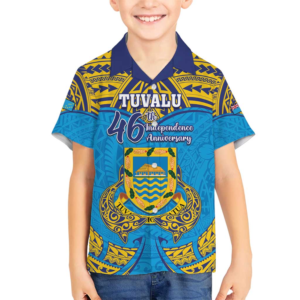 Personalised Tuvalu Independence Day Family Matching Off Shoulder Maxi Dress and Hawaiian Shirt Coat Of Arms With Polynesian Dolphin Tattoo