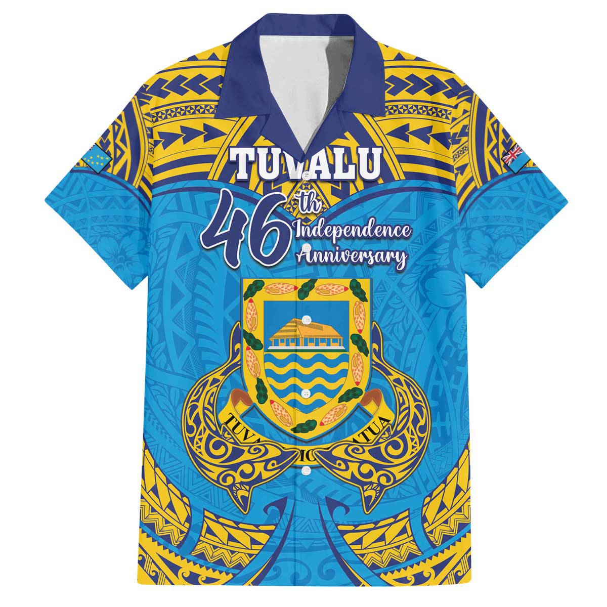 Personalised Tuvalu Independence Day Family Matching Off Shoulder Short Dress and Hawaiian Shirt Coat Of Arms With Polynesian Dolphin Tattoo LT05 Dad's Shirt - Short Sleeve Blue - Polynesian Pride