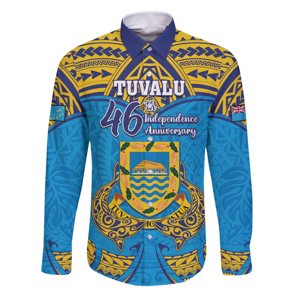 Personalised Tuvalu Independence Day Family Matching Short Sleeve Bodycon Dress and Hawaiian Shirt Coat Of Arms With Polynesian Dolphin Tattoo LT05 Dad's Shirt - Long Sleeve Blue - Polynesian Pride