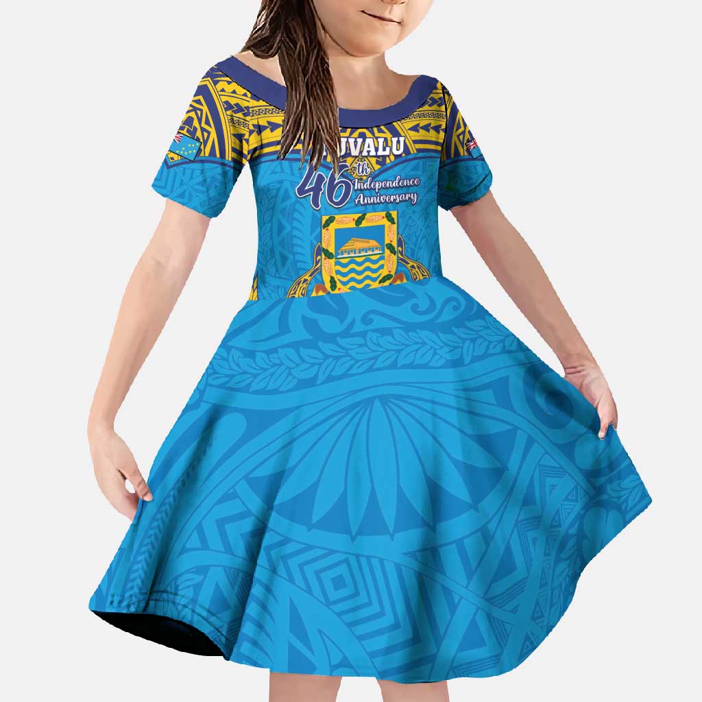 Personalised Tuvalu Independence Day Family Matching Tank Maxi Dress and Hawaiian Shirt Coat Of Arms With Polynesian Dolphin Tattoo LT05 Daughter's Dress Blue - Polynesian Pride