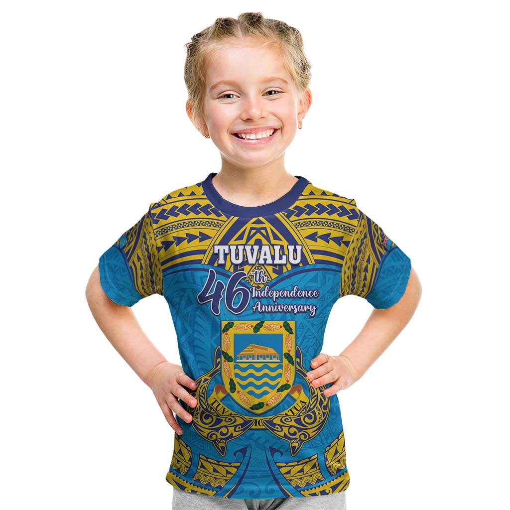 Personalised Tuvalu Independence Day Kid T Shirt Coat Of Arms With Polynesian Dolphin Tattoo LT05 Blue - Polynesian Pride