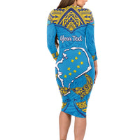 Personalised Tuvalu Independence Day Long Sleeve Bodycon Dress Coat Of Arms With Polynesian Dolphin Tattoo