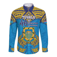 Personalised Tuvalu Independence Day Long Sleeve Button Shirt Coat Of Arms With Polynesian Dolphin Tattoo LT05 Unisex Blue - Polynesian Pride