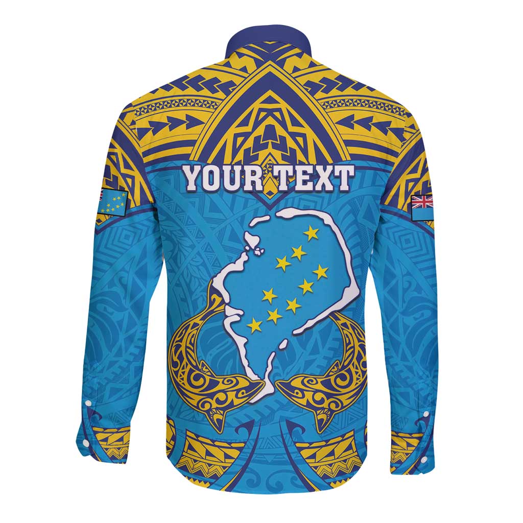 Personalised Tuvalu Independence Day Long Sleeve Button Shirt Coat Of Arms With Polynesian Dolphin Tattoo LT05 - Polynesian Pride