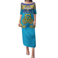 Personalised Tuvalu Independence Day Puletasi Coat Of Arms With Polynesian Dolphin Tattoo LT05 Long Dress Blue - Polynesian Pride