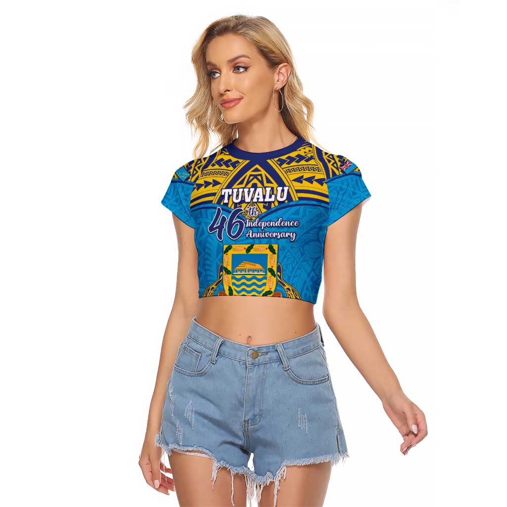 Personalised Tuvalu Independence Day Raglan Cropped T Shirt Coat Of Arms With Polynesian Dolphin Tattoo LT05 Female Blue - Polynesian Pride