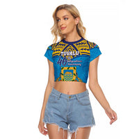 Personalised Tuvalu Independence Day Raglan Cropped T Shirt Coat Of Arms With Polynesian Dolphin Tattoo LT05 Female Blue - Polynesian Pride