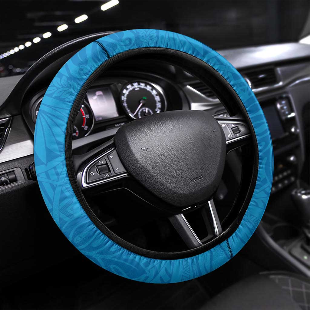 Tuvalu Independence Day Steering Wheel Cover Coat Of Arms With Polynesian Dolphin Tattoo LT05 Universal Fit Blue - Polynesian Pride